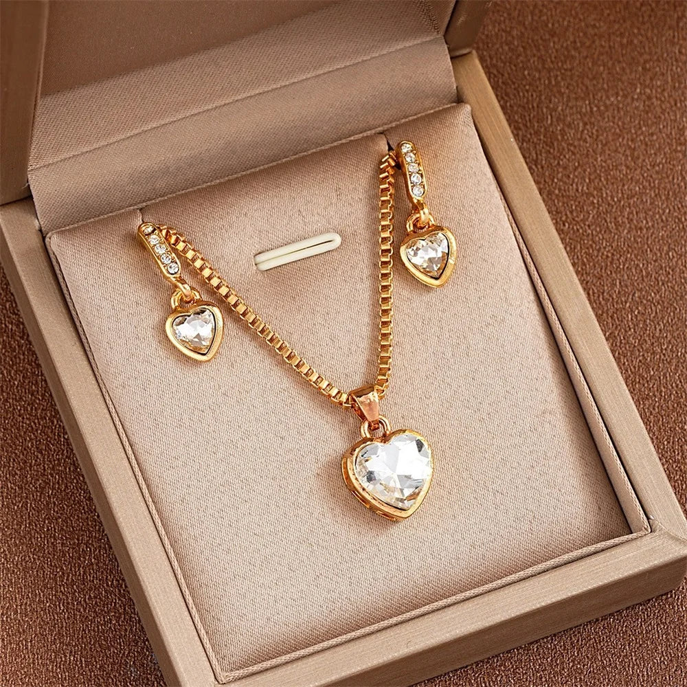 3 Piece Double Heart Jewelry Set For Women Necklace Earrings Rhinestone Gift