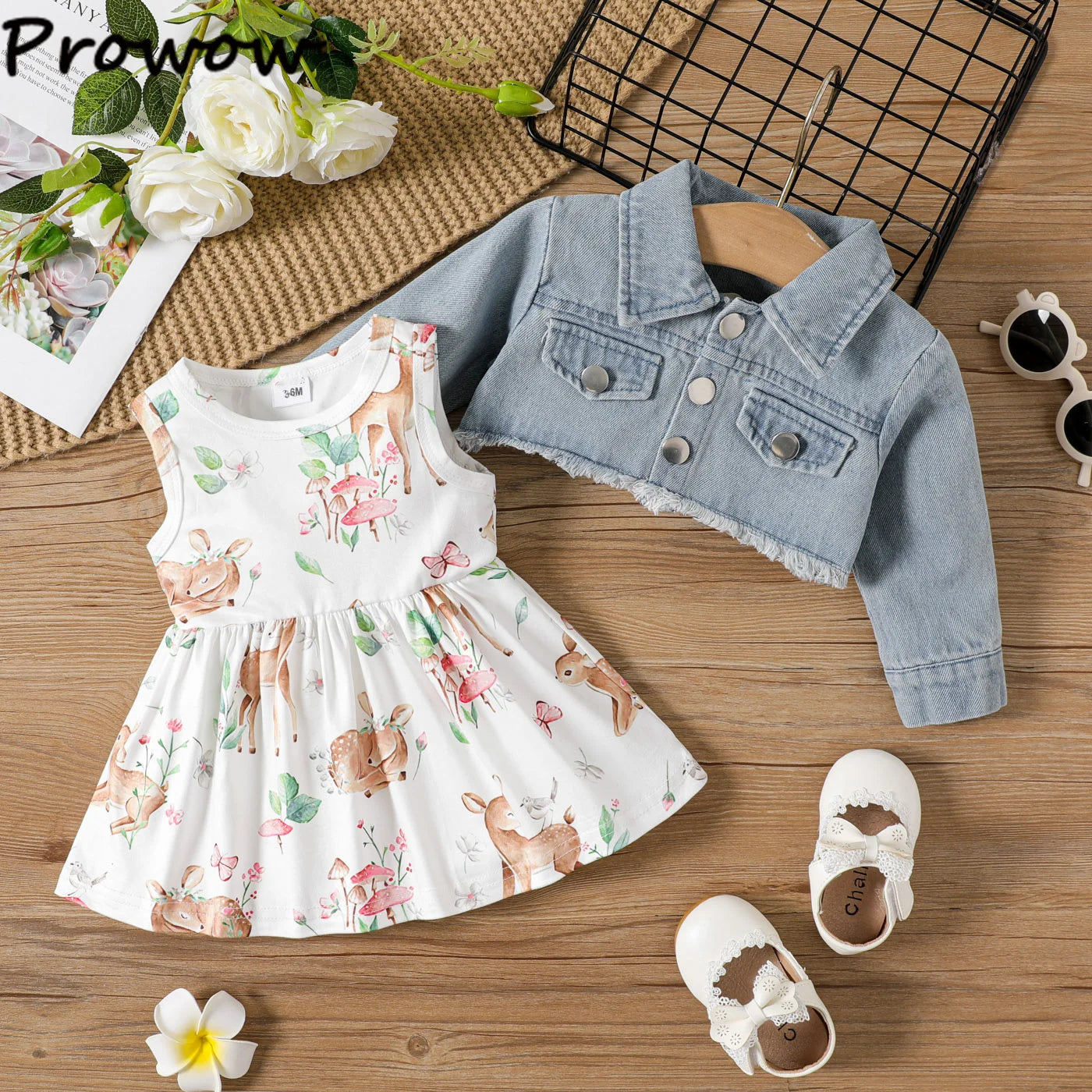 Prowow Fall Winter Baby Girl Denim Outfit Set Turn-down Collar Jeans Jacket+Deer Printed Dress Newborn Baby Birth Clothing