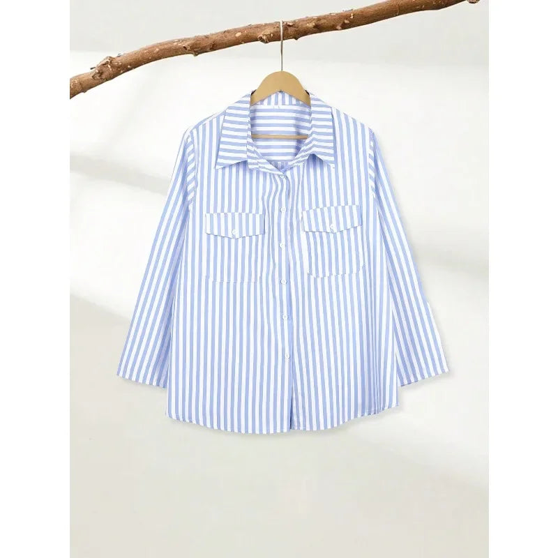 Plus Size Women's Fashionable Striped Button up Blouse Shirt Ladies Casual  Long Sleeve Shirt Tops