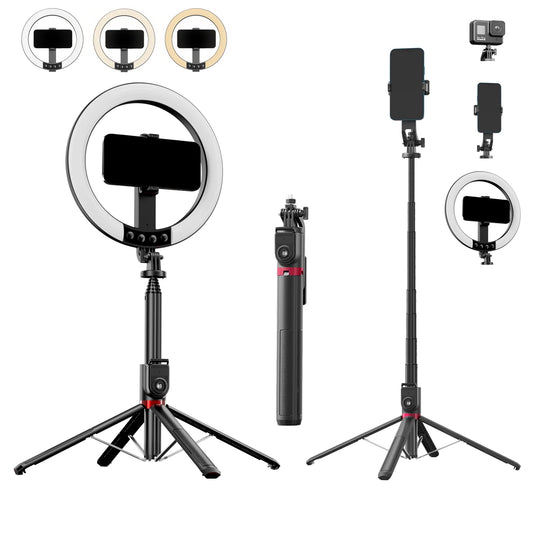 90" Selfie Stick Tripod and Phone Holder with 10" Dimmable LED Ring Light and Remote Shutter for Photography and Vlogging