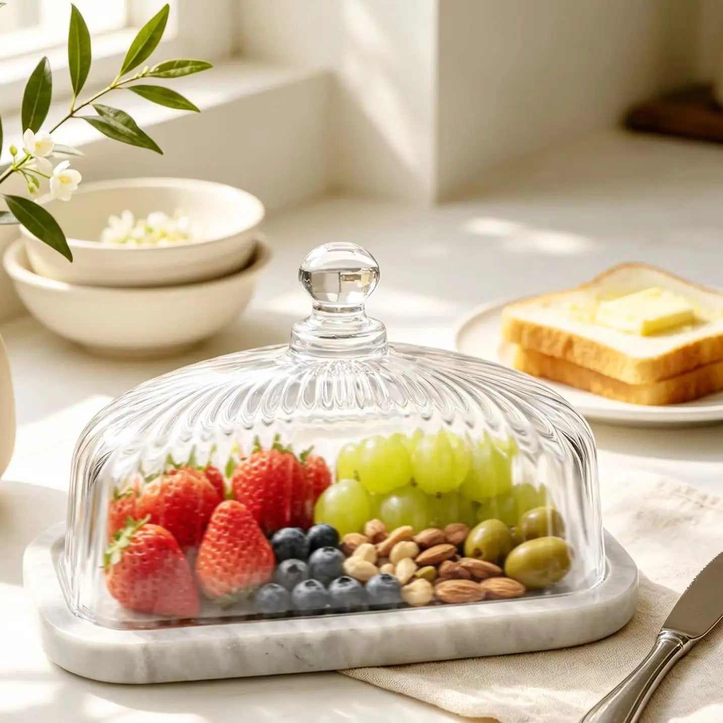 Marble Base Glass Dome Butter Dish with Lid Cheese Bread Cup Cake Fruit Serving Tray Restaurant Quality Food Storage Container
