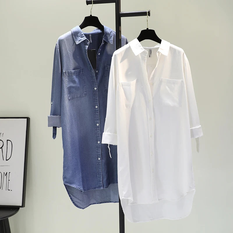Women's Mid-Length Svel Denim irt Dr Cotton Linen Material Korean Sle Commute Pure Color Other Material 00%