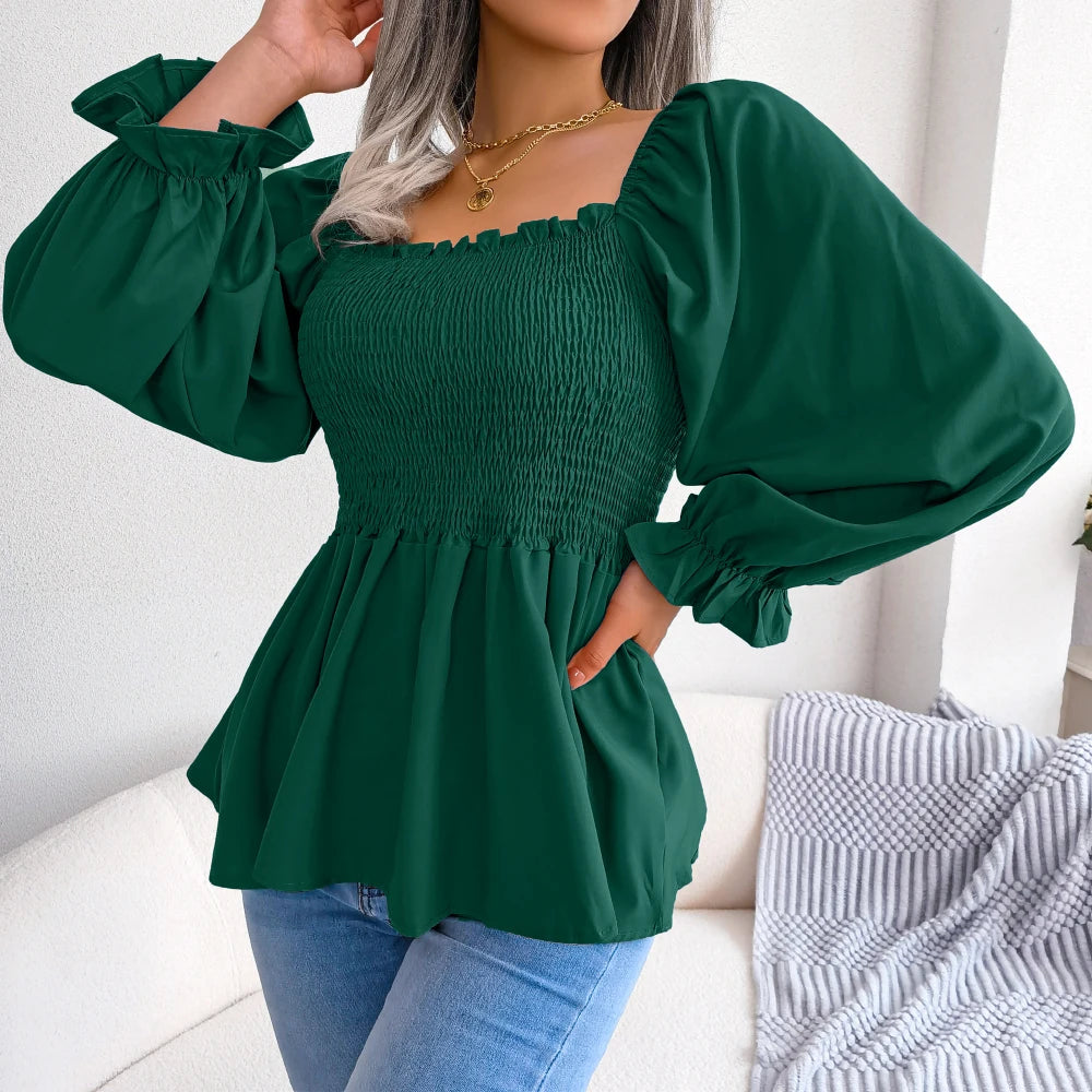 Women Chiffon Blouse 2026 Casual Solid Color Long Sleeve Ruffles Peplum Top White Red Green Blue Black Woman Clothes