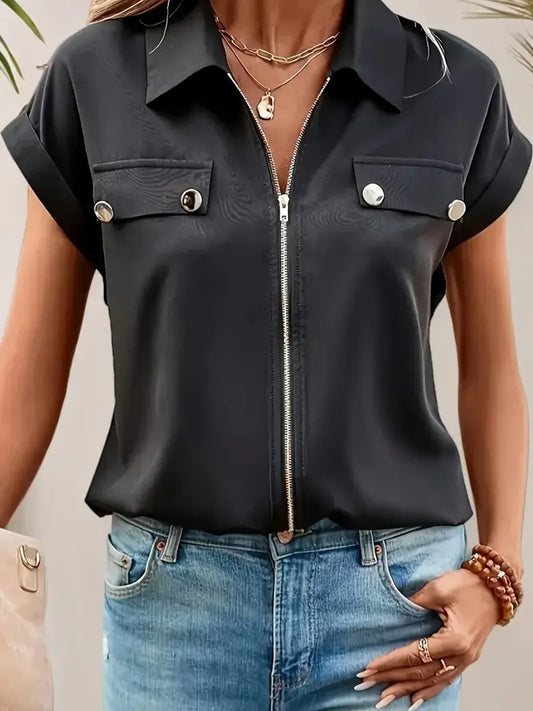 Plus Size 1XL-5XL Women's Black Zip-Up Blouse Button Lapel  Blouse Shirt Ladies Casual Short Sleeve Elegant Solid Color Shirt