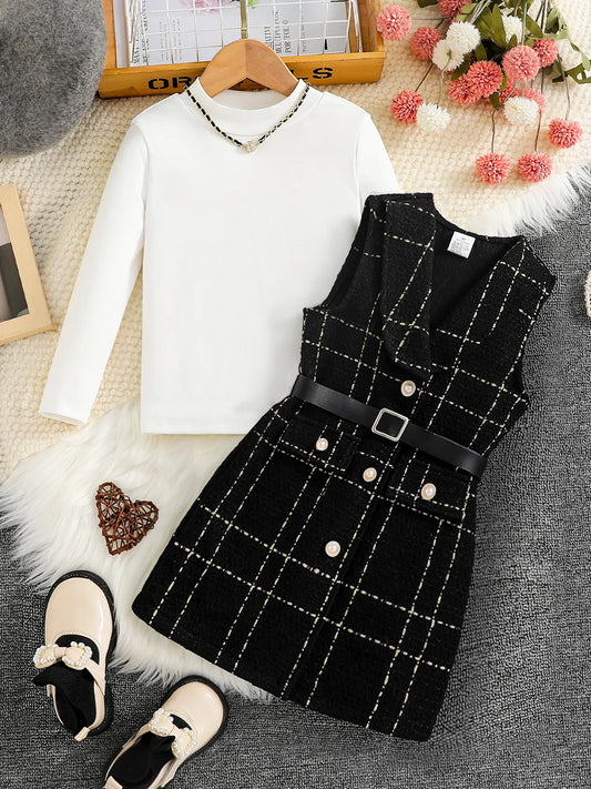 Spring and autumn Fashion Kids 2-piece ceremonial dress for cute girls  Solid color crew neck shirt + plaid lapel skirt suit