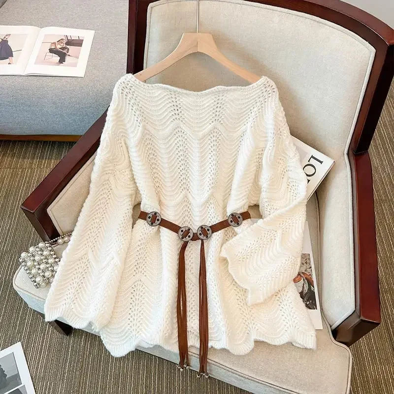 Slimming Knitted Sweater Long Sleeve Pure Color Belted Waist Design Fashionable Anti-Aging Large Size Women's Clothing