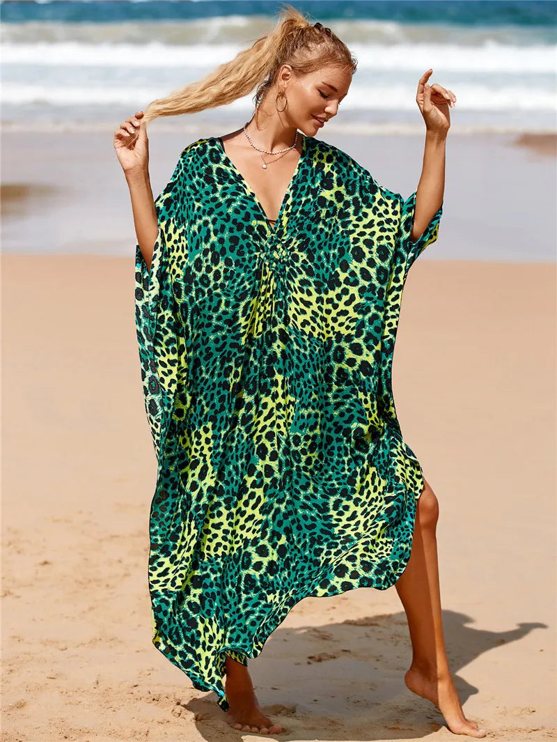 Plus Size Womens Animal Print Kaftan Dresses Caftans Swimwear Coverups Summer Bathing Suit Long Beach Dress
