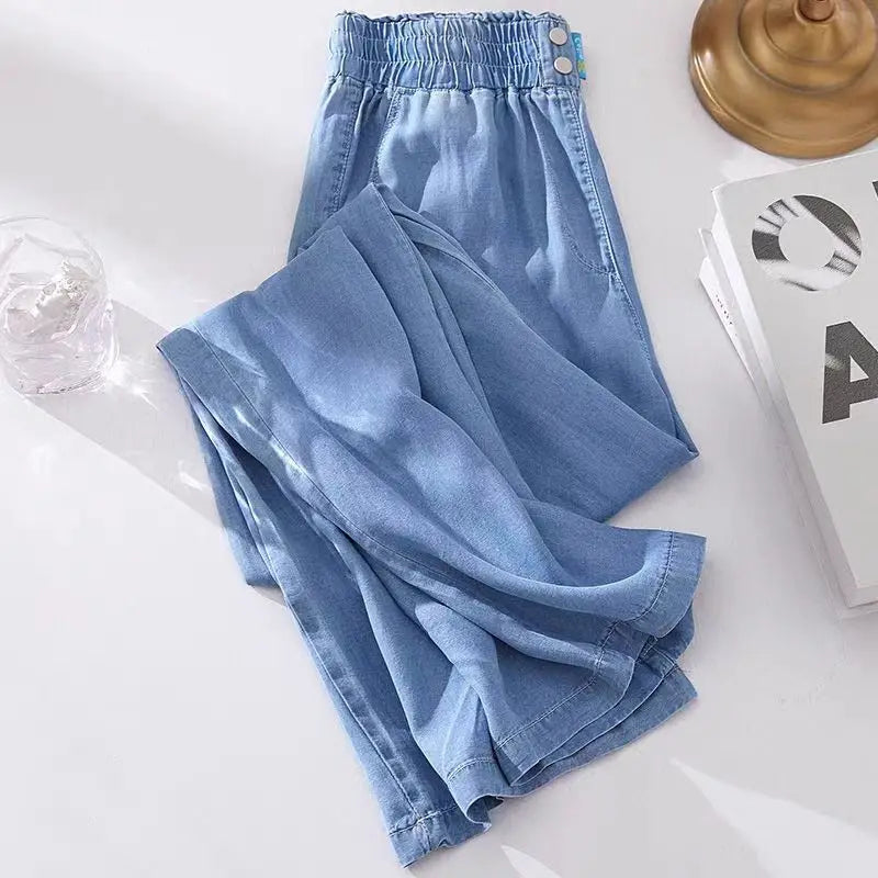 Women's Ice Silk Denim Pants Yoga Sports Thin Loose Style Summer Casual Wide Leg Harajuku Loose Waist