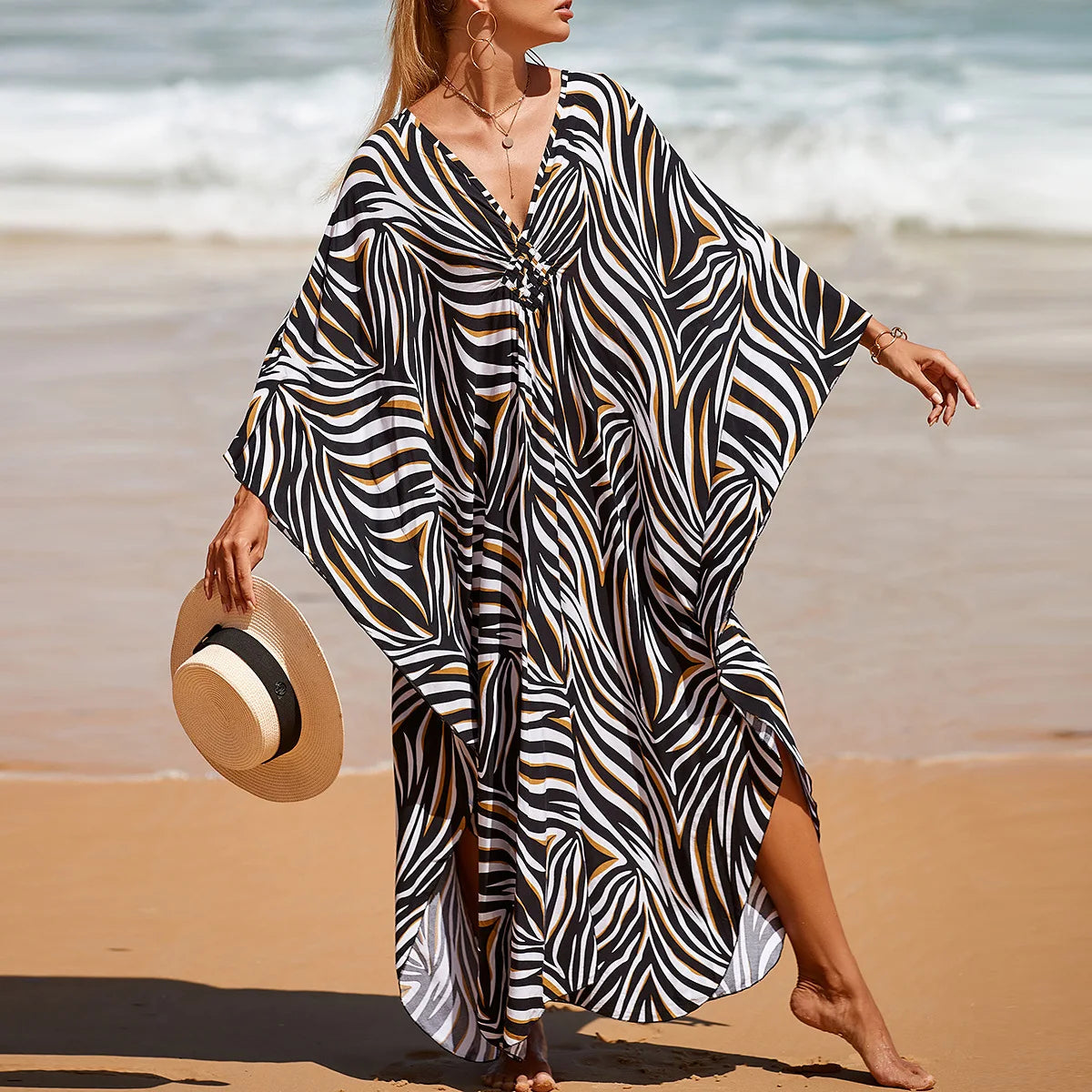 Plus Size Womens Animal Print Kaftan Dresses Caftans Swimwear Coverups Summer Bathing Suit Long Beach Dress