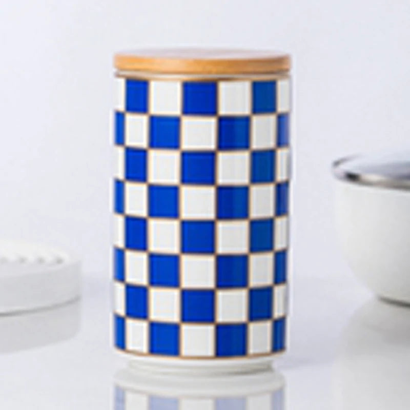 Black and White Lattice Storage Tank Checkerboard Sealed Tank Kitchen Storage Food Grade Ceramic Tank Box Tea Storage Tank