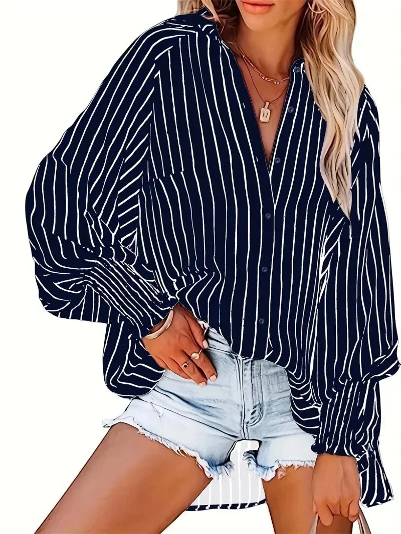 Plus Size 1XL-5XL Women's Casual Striped Breathable Blouse Shirt Ladies Fashion V-neck Button-down Long Sleeve Loose Shirt Top