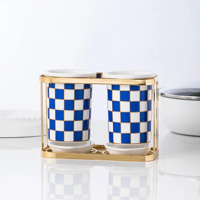 Checkerboard Ceramic Chopsticks Holder Drain Rack Chopsticks Basket Chopsticks Box Cutlery Box Storage Rack Wall-mounted Shelf