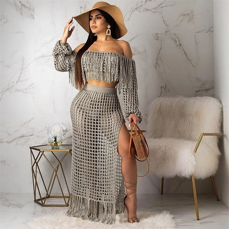 Fringed Tassel 2 Piece Sets Women Outfit Beach Wear Vacation Knitted Crochet Hollow Out See Through Crop Top and Long Skirt Sets