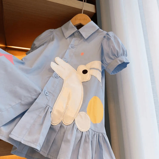 New Arrivals Girls' Dress Summer Fashion Kids' Turn-down Collar Puff Sleeve Dress Cute Rabbit Cotton Princess Dress Casual Style
