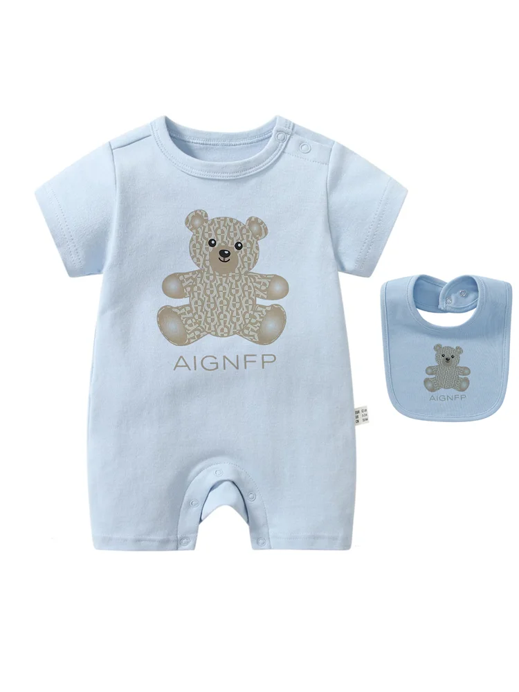 Cute Bear Romper Newborns Clothes 2025 Summer Hot Sale New Toddler Boys Jumpsuit %100 Cotton Soft Bib scarf 2Pcs Set Baby Romper