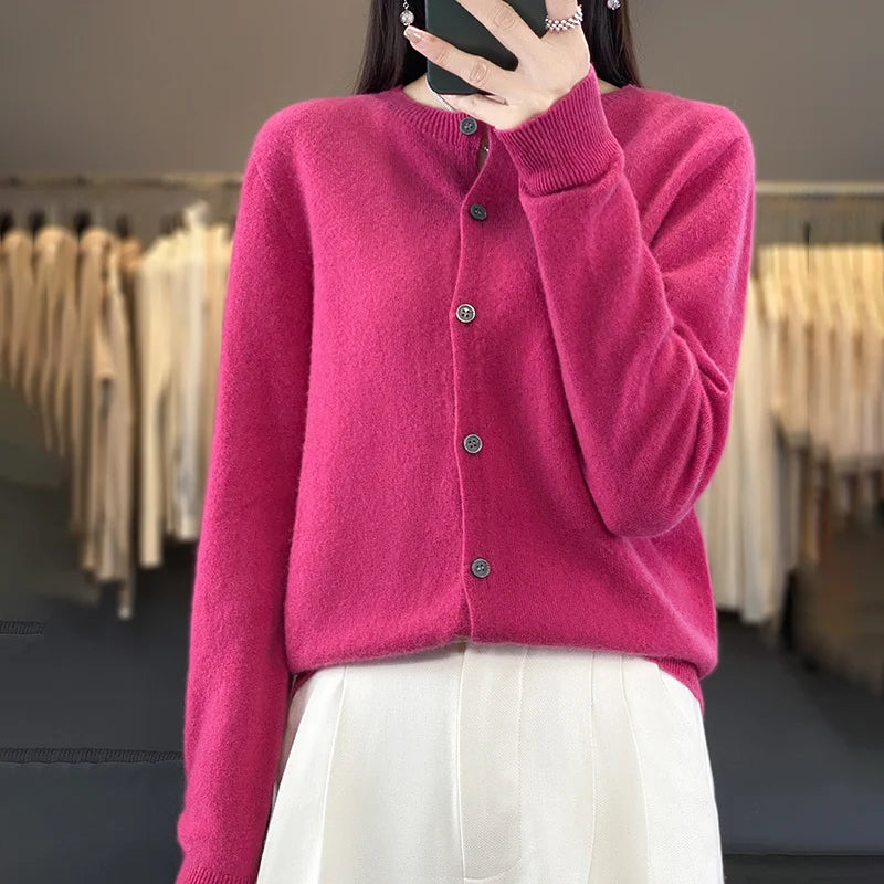 100% Merino Wool Sweater Women O-Neck Cardigan Basic Style  Buttoned Knitwear Female Casual Autumn Winter Soft Tops