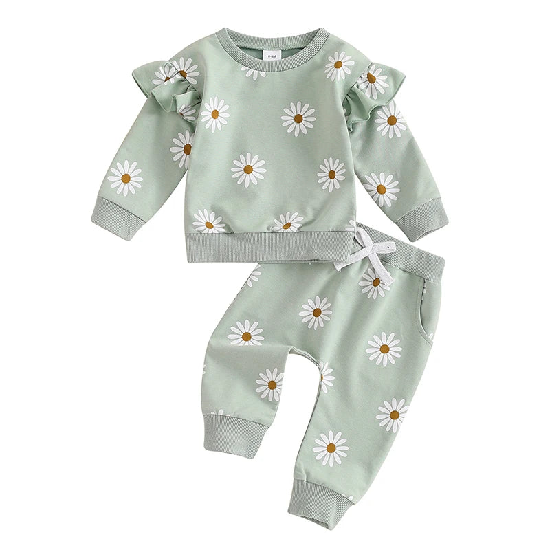 Pudcoco Toddler Newborn Baby Girl Fall Outfit Daisy Print Long Sleeve Sweatshirt with Elastic Waist Pants 2 Pcs Set 0-3T