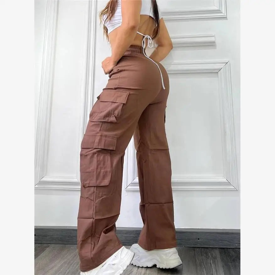Women's Wide Leg Casual Work Pants Multi ket High Waist PVC Fabric Mid-aged Faion Trend High-waist No Stretch