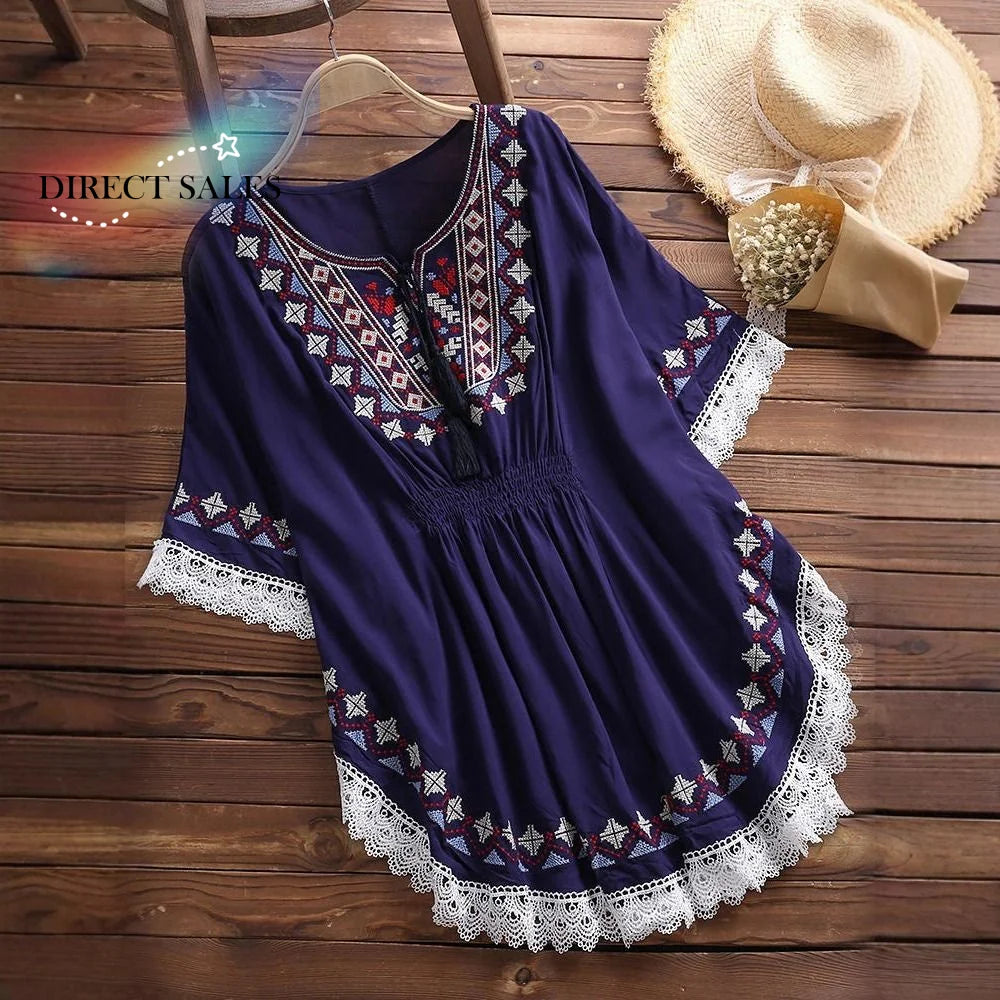 Sweet Lace-up Tassel Bohemian Style T-shirt Loose Round Neck Short Sleeve T Shirt Embroidery Blouses Ethnic Style Tops Women