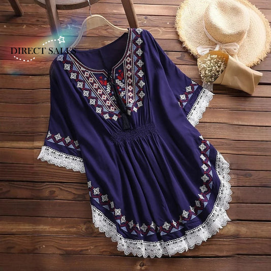Sweet Lace-up Tassel Bohemian Style T-shirt Loose Round Neck Short Sleeve T Shirt Embroidery Blouses Ethnic Style Tops Women
