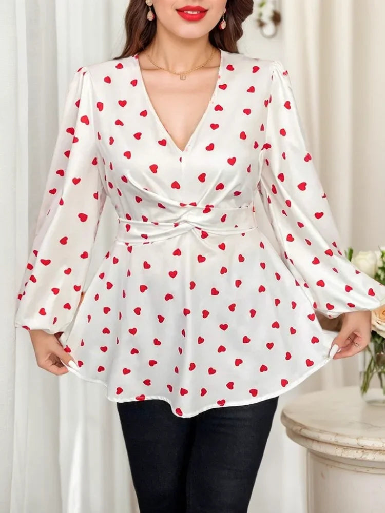 Plus Size New Woman Cute Love Heart Print Top V-neck Popular Versatile Slim Fit Long Sleeve in-Stock Blouse Clothing Resort Wear