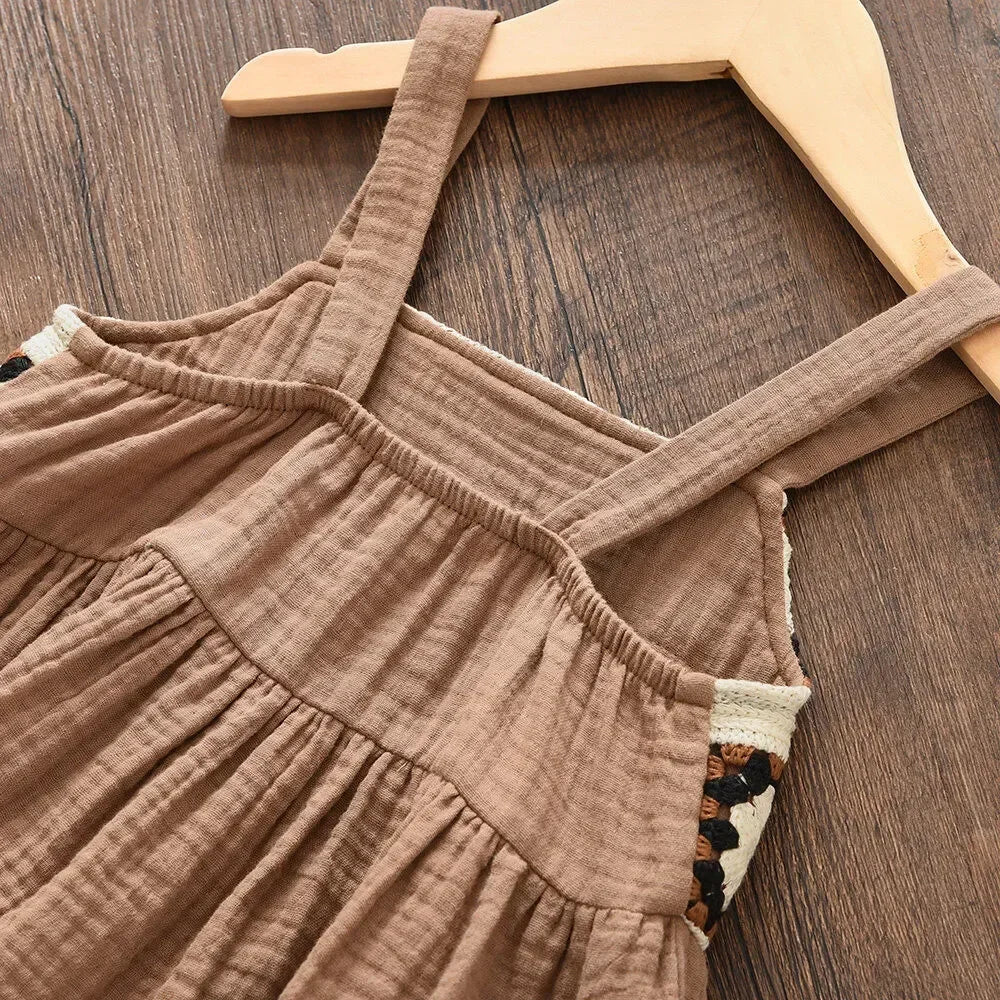 Bear Leader Girls' Summer Clothes Brown Retro Printed Plaid Top + Beige Pants Two-piece Set 3-7 Years Old Kids Casual Wear