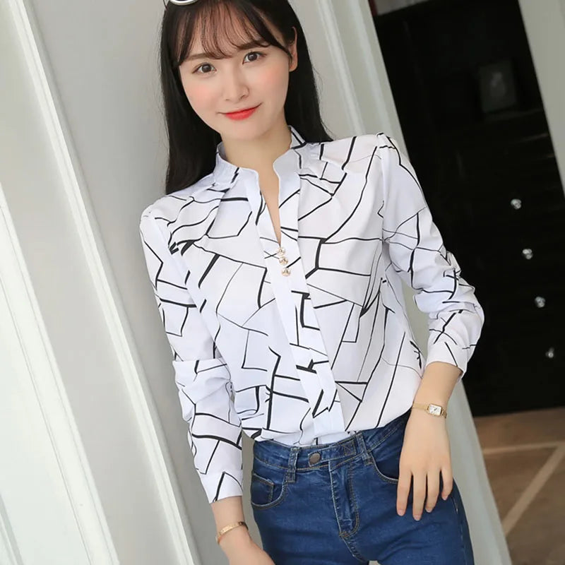 Autumn New White Shirt for Women Fashion Stripe Print Long Sleeve Office Lady Blouses Casual Loose Stand-up Collar Blusas