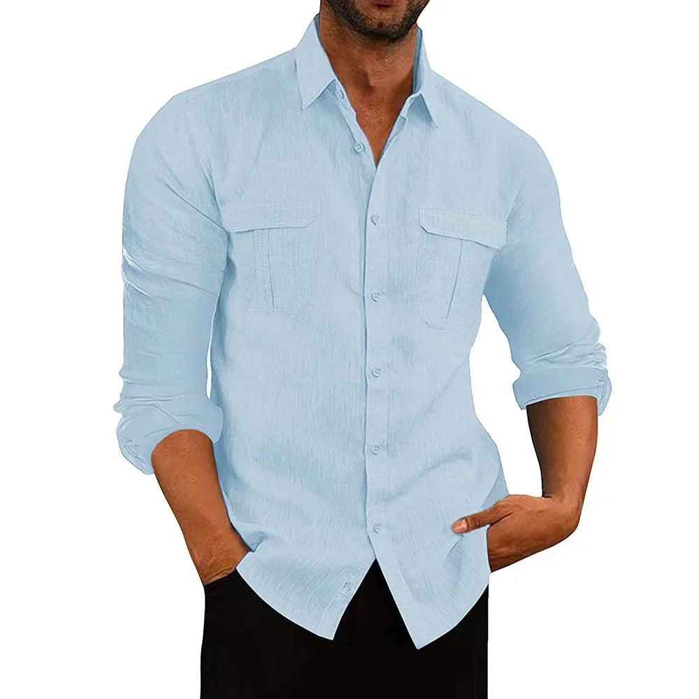 Men's New Cotton Linen Material Shirt Double Pocket Casual Breathable Long-sleeved Shirt Lapel Solid Colour Men's Tops