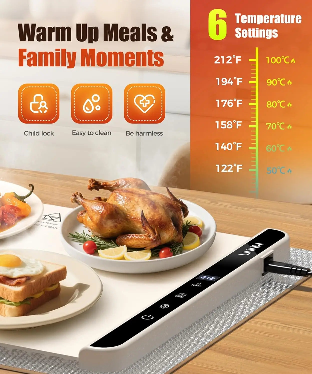 Food Warming Mat with Heat-Resistant Pad, 26X15 Inch, 6 Temperature & 6 Timer Settings, Child Lock Safety,Food Warmer Chafing Di