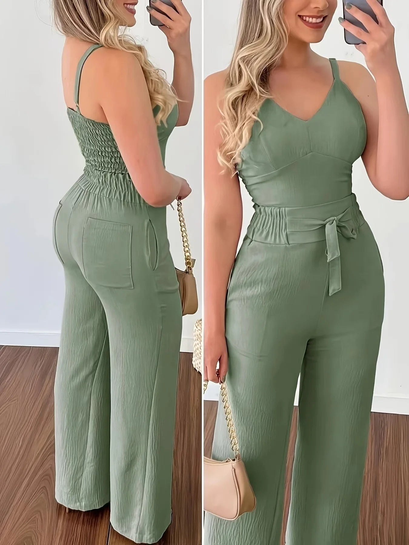 Ladies' Fashionable and Elegant Camisole Top + Elastic Waist Wide Leg Pants Set, Chest Cushion Design Solid Color Casual and Ele