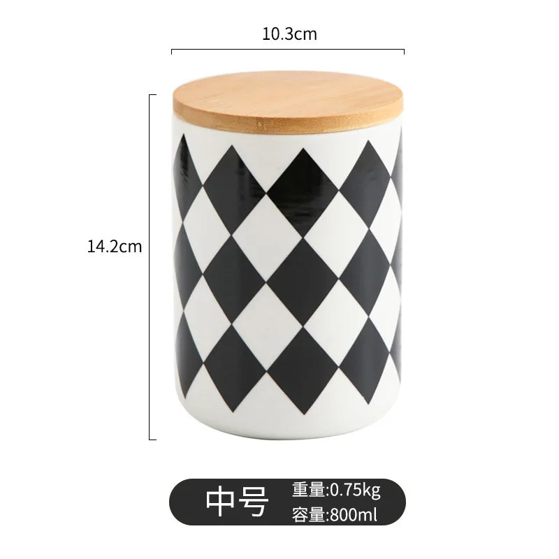 Household Ceramic Sealed Tank Creative Grain Storage Tank Kitchen Storage Box Coffee Wooden Lid Sealed Tea Storage Supplies