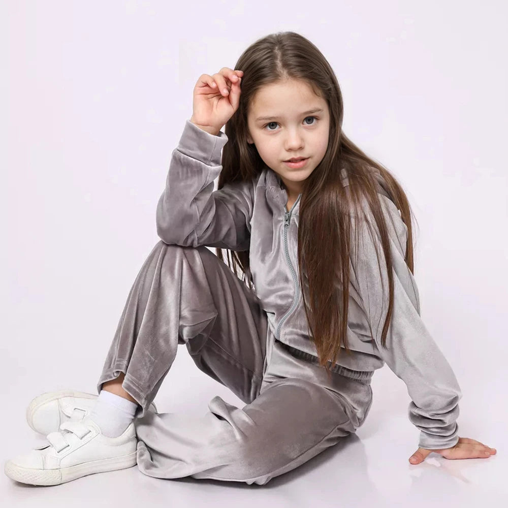 1-14Y Children Girls Velvet Tracksuits Kids Winter Autumn Thicken Fleece Comfortable Hooded Vest +Sweatpants Outfits