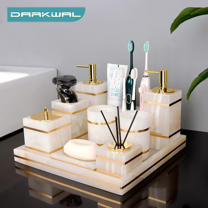 White Onyx Natural Marble Bathroom Accessories Set Gold Luxury Soap Dispenser Soap Dish Tray Toothbrush Holder Bathroom Set