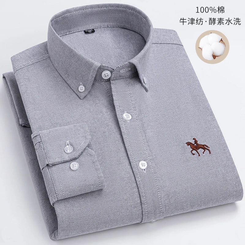 S~6XL Cotton Oxford Shirt For Mens Long Sleeve Plaid Striped Casual Shirts Male Pocket Regular-Fit Button-Down Work Man Shirt