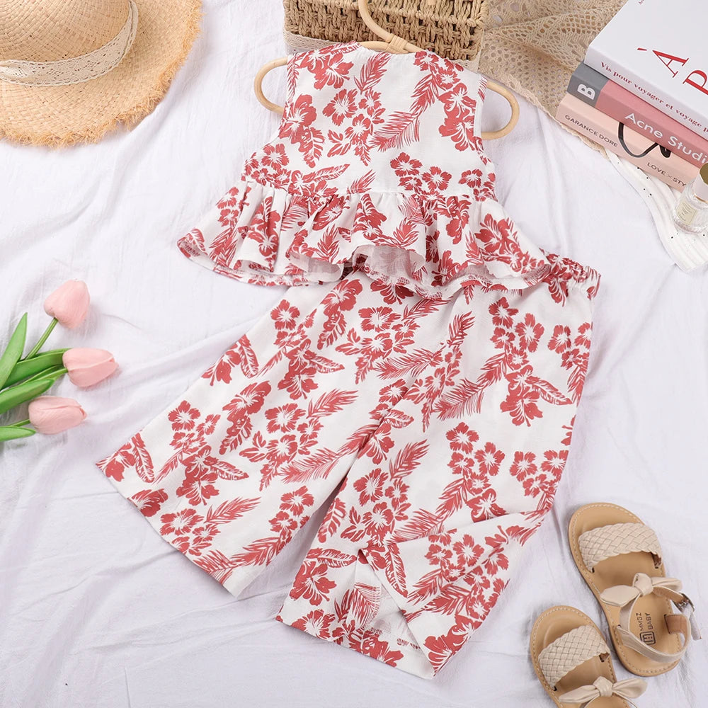 Summer New Fashionable Girl Sleeveless Printed Shirt+Wide Leg Pants Set with Retro Flower Style Two Piece Girl Clothing