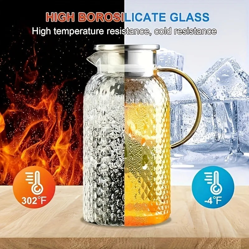 64oz/1.9L Glass Pitcher with Lid & Handle - High Borosilicate Glass for Refrigerator, Keeps Drinks Hot/Cold, Juice Jug, Kitchen