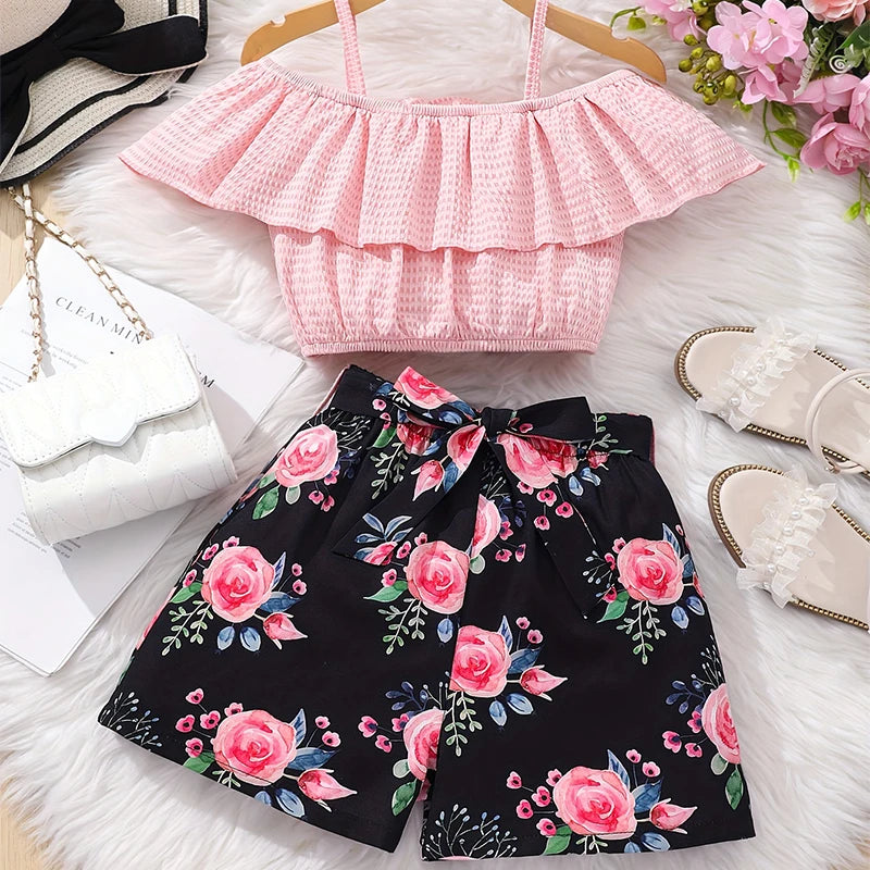 Two Piece Summer Girl Girl Cool Breathable Cute And Sweet One Shoulder Strap Printed Shorts Princess Casual Party Dress Set