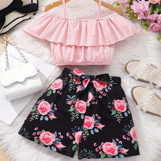 Two Piece Summer Girl Girl Cool Breathable Cute And Sweet One Shoulder Strap Printed Shorts Princess Casual Party Dress Set