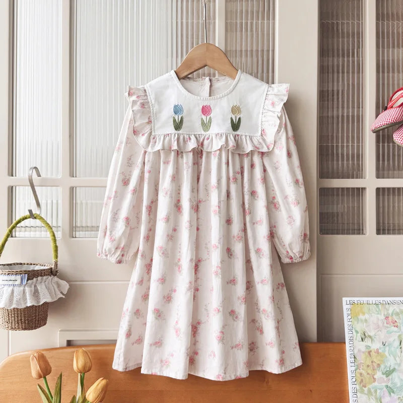 Retro Girls Dress 2025 Autumn New Toddler Kids Girls Cute Print Long-sleeved Sweet Princess Dress