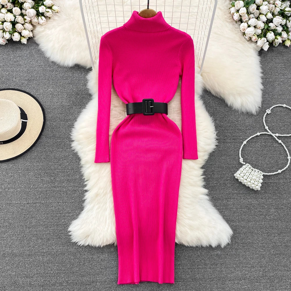 REALEFT Autumn Winter 2025 New Turtleneck Women's Knitted Dresses with Belted Long Sleeve Elegant Bodycon Wrap Dress Female