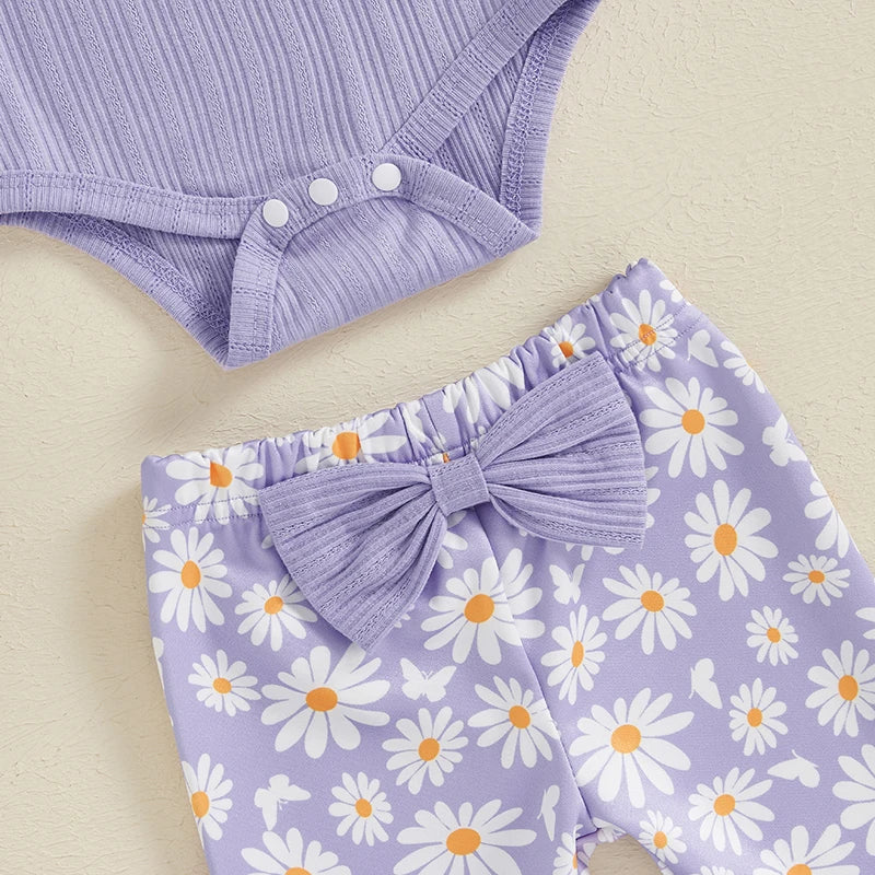 2024-05-23 Lioraitiin Baby Girl 3 Piece Fall Outfit, Long Sleeve Ribbed Romper Daisy Flare Pants Bow Headband