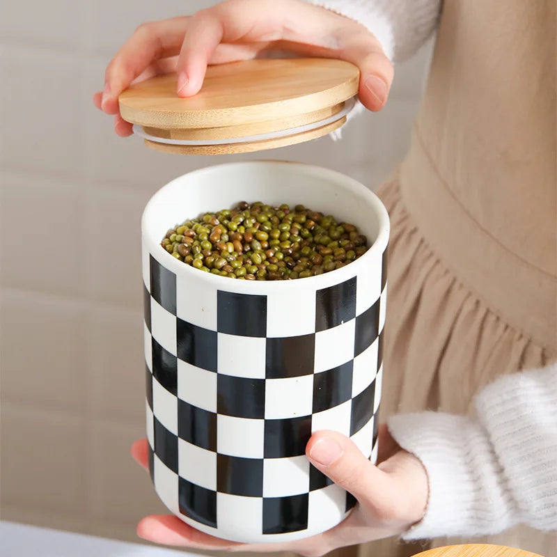 Household Ceramic Sealed Tank Creative Grain Storage Tank Kitchen Storage Box Coffee Wooden Lid Sealed Tea Storage Supplies