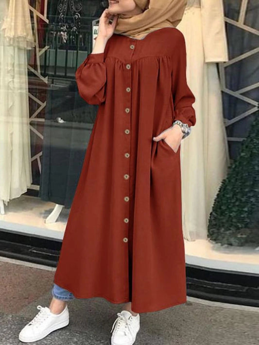 S-5XL Muslim Dress Women hijab Shirt  Long Sleeve Maxi Vestidos Female Button Robe femme musulman High Wasit Solid Sundress