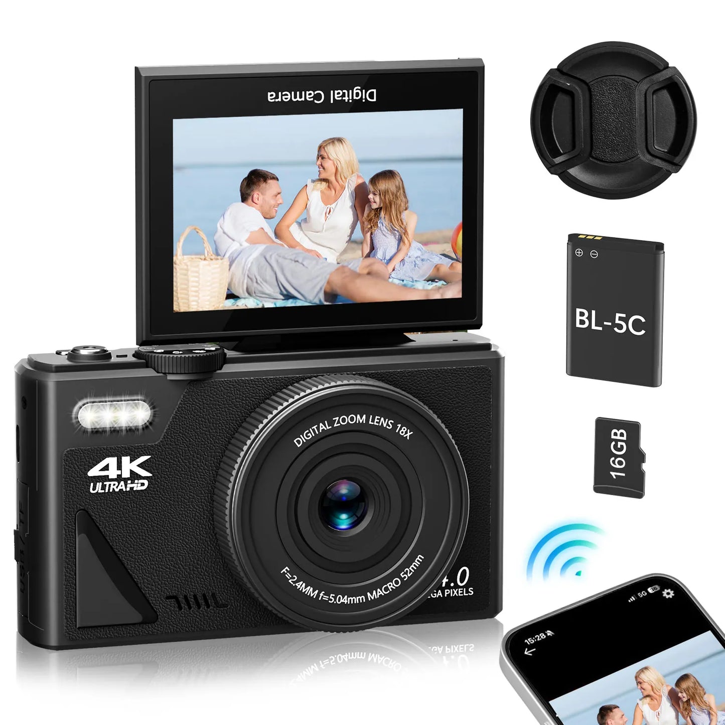 Compact 4K Digital Camera 64MP 18X Zoom for Photography Vlogging YouTube 3'' Flip Screen Flash