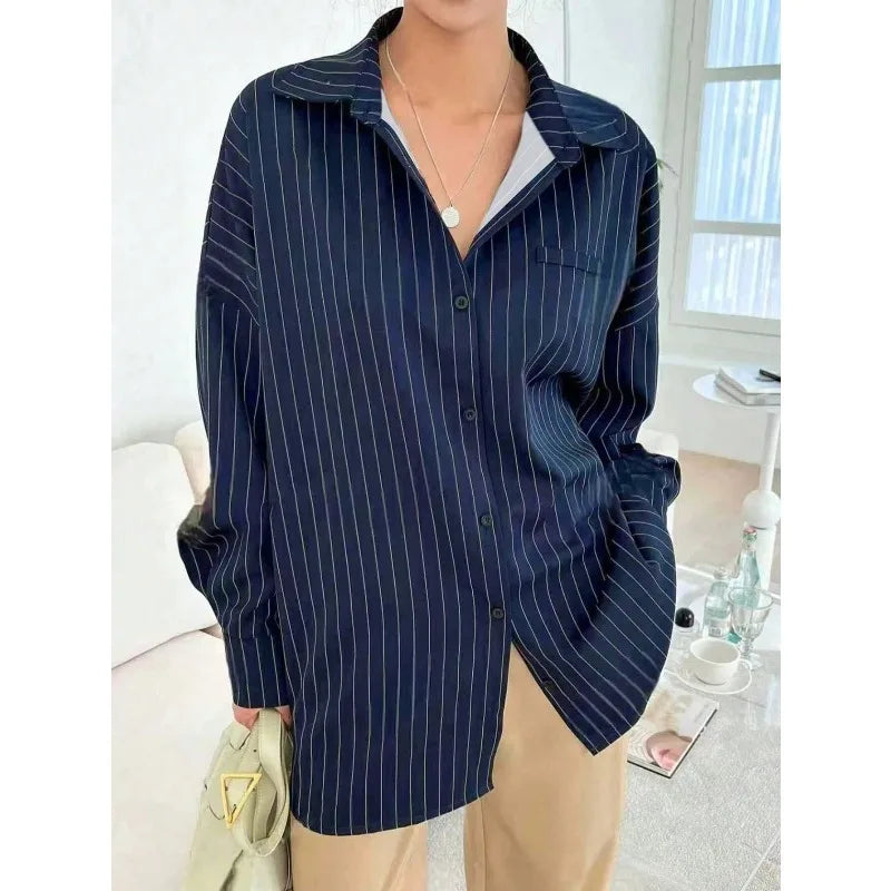 Plus Size Women's Elegant Long Sleeve Turn-down Collar Casual Baggy Shirts Women Vintage Classic Striped Blouse ﻿