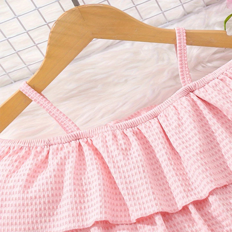 Two Piece Summer Girl Girl Cool Breathable Cute And Sweet One Shoulder Strap Printed Shorts Princess Casual Party Dress Set