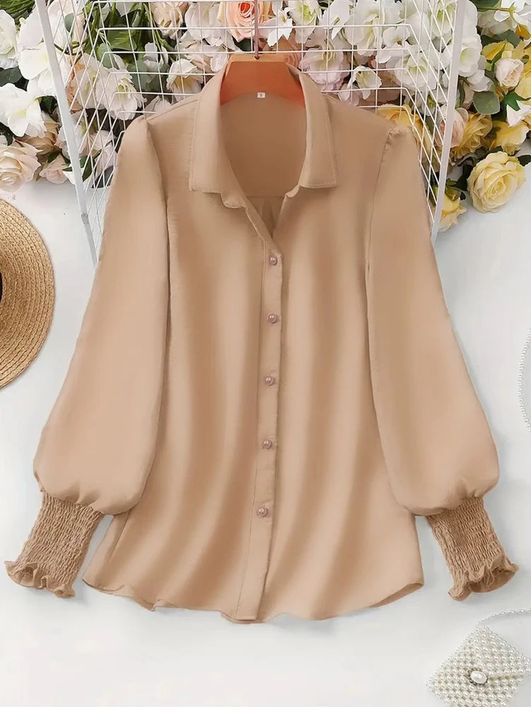 Plus Size 2025 Spring and Summer New Women's Casual Puff Sleeve Blouse Solid