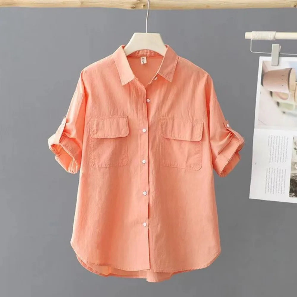 2026 Popular Summer New Shirt Design Loose Top Short Sleeved Middle-aged Pure Cotton Short Sleeved Casual Solid Color Shirt