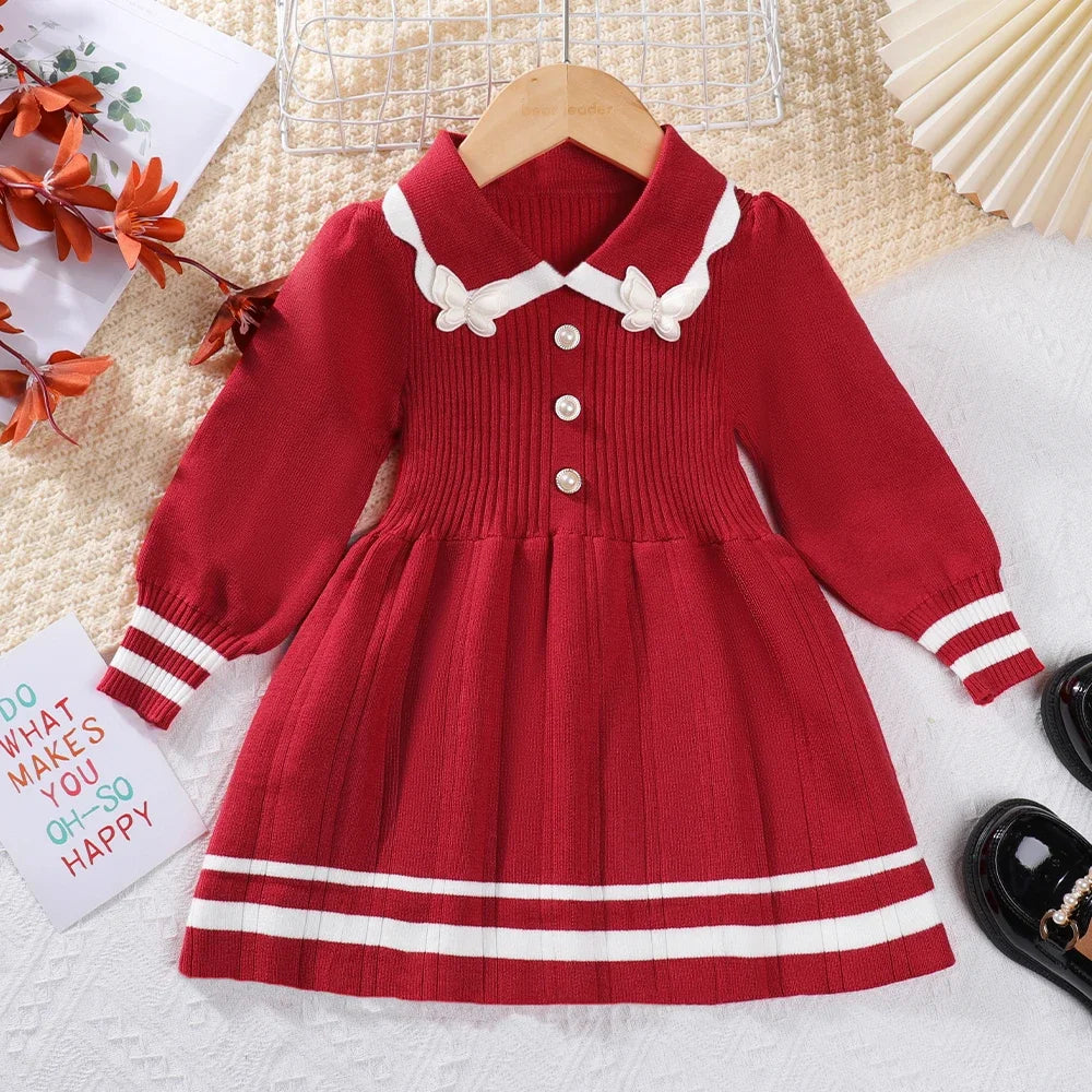 Bear Leader Autumn Winter Girls Sweater Long Sleeve Dress Vest Stripe Party Girl Baby Retro Knitted Wool Dress Casual Vestidos