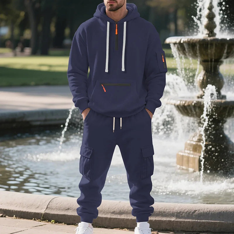 Men's sports suit style autumn and winter fleece men's casual sportswear zipper sweater multi-pocket work pants suit